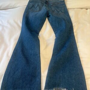MOTHER Indigo Flare Jeans in Deep Blue Little Weekender Fray